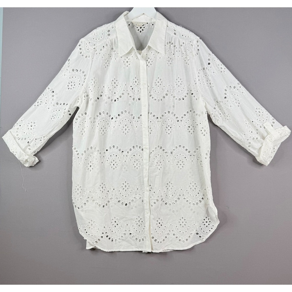 Adiva Eyelet‎ Button Down Top Womens 2X White 100% Cotton Tunic Boho